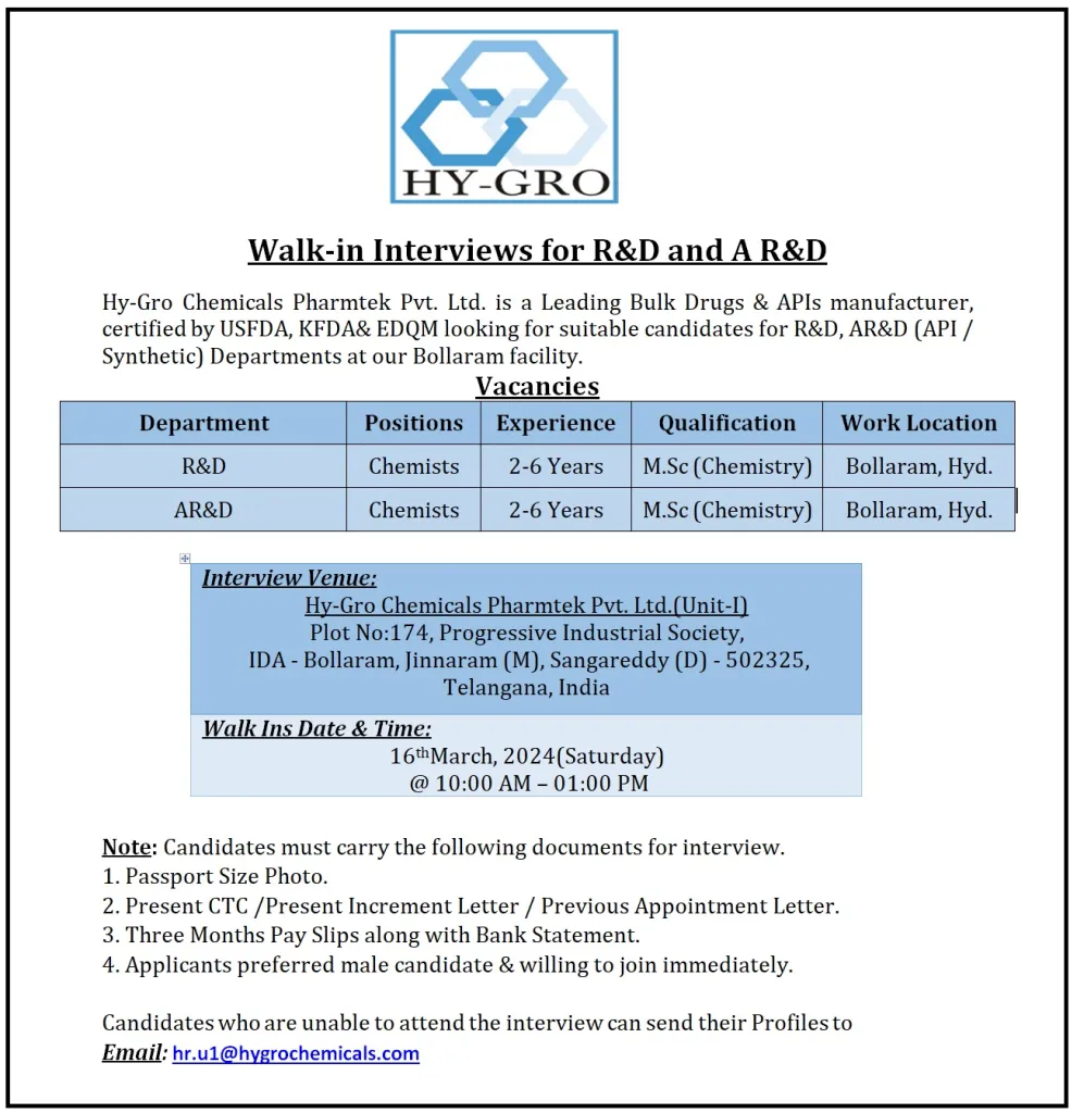 HY-GRO Chemicals - Walk-In Interviews for R&D, AR&D on 16th Mar 2024
